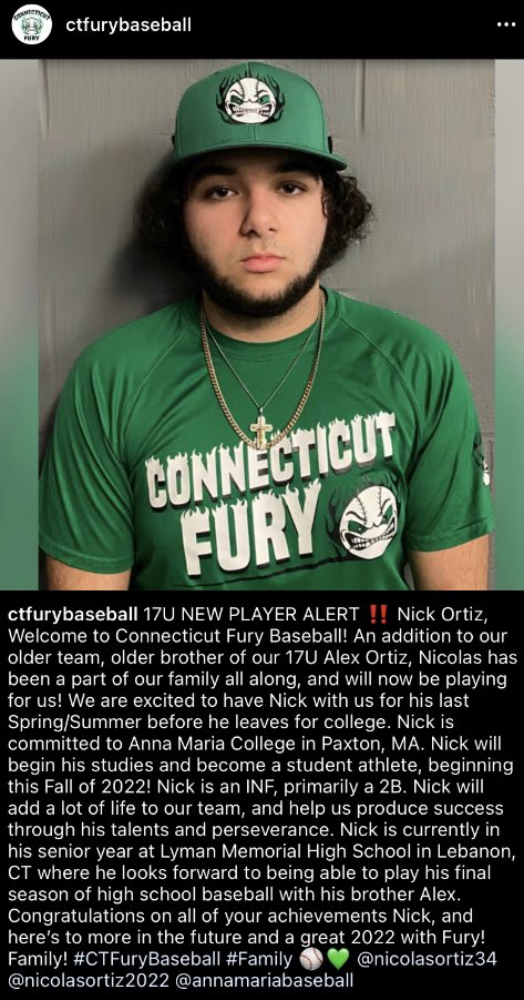ctfurybaseball's tweet photo. 17U NEW PLAYER ALERT ‼️ WELCOME TO CONNECTICUT FURY BASEBALL NICK ORTIZ! ⚾️💚 https://t.co/Ouj3xjHzka