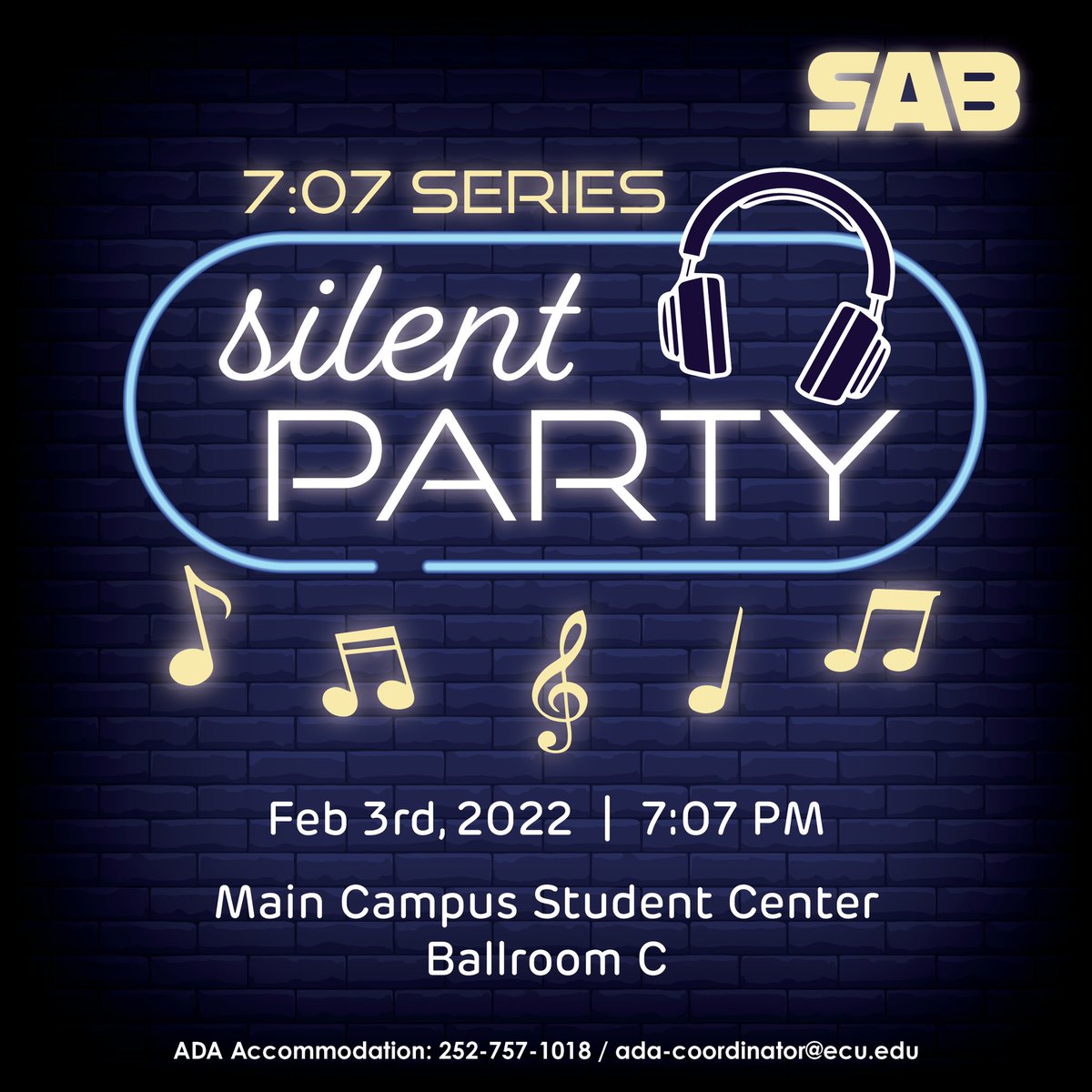 Do you like parties? 🎉 Do you like music? 🎵 Join SAB for our Silent Party with music and fun! 🎧🎶