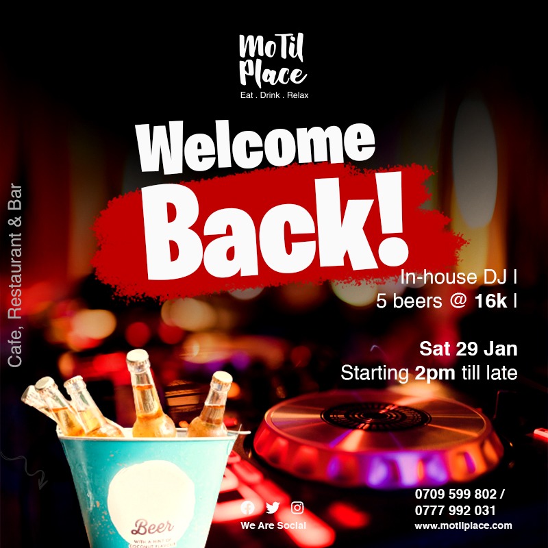 MotilPlace's tweet photo. Happy re-opening day!!! Join us this Saturday as we welcome you back to "the outside" 🥳
We'll have DJ on deck & a bucket of 5 beers will be at 16k.
Tell a friend to tell a friend!
#tuliwawelu #welcomeback #weoutside #proggie #motilplace https://t.co/DxgqHf9StW