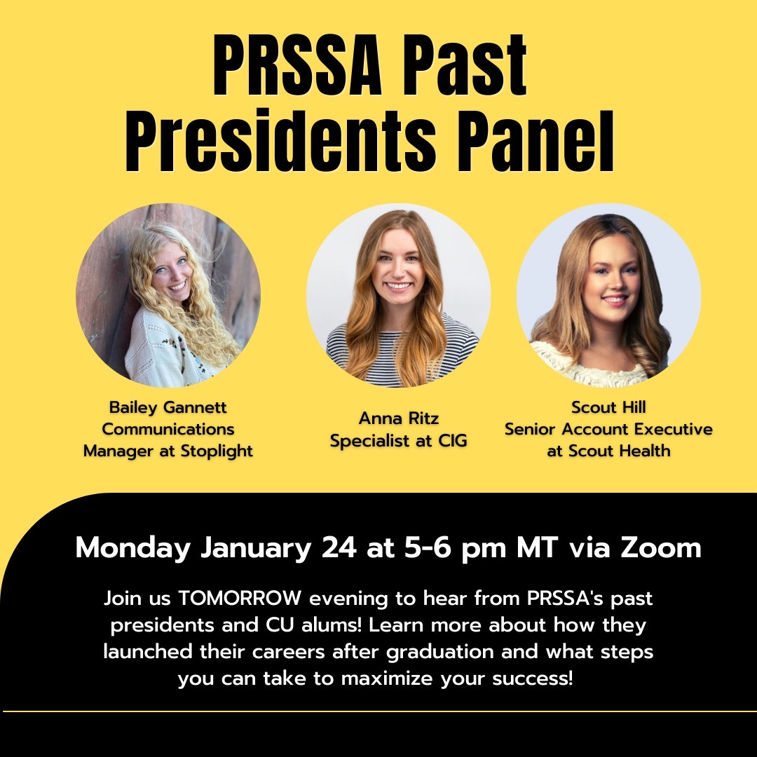 boulderPRSSA's tweet photo. Join us TOMORROW night for our first meeting of the semester PR Buffs! We will have a panel of past PRSSA presidents share their experiences, along with important chapter information about what the spring semester has in store. Don’t miss it! https://t.co/SlIyrDWHGB
