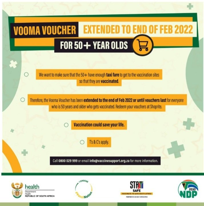 GovernmentZA's tweet photo. Good morning South Africa. The vooma voucher has been extended to end of February 2022 for 50+ year olds #VaccineRollOut #Vooma #COVID19 #VaccinesWork https://t.co/lwb9kYEArw