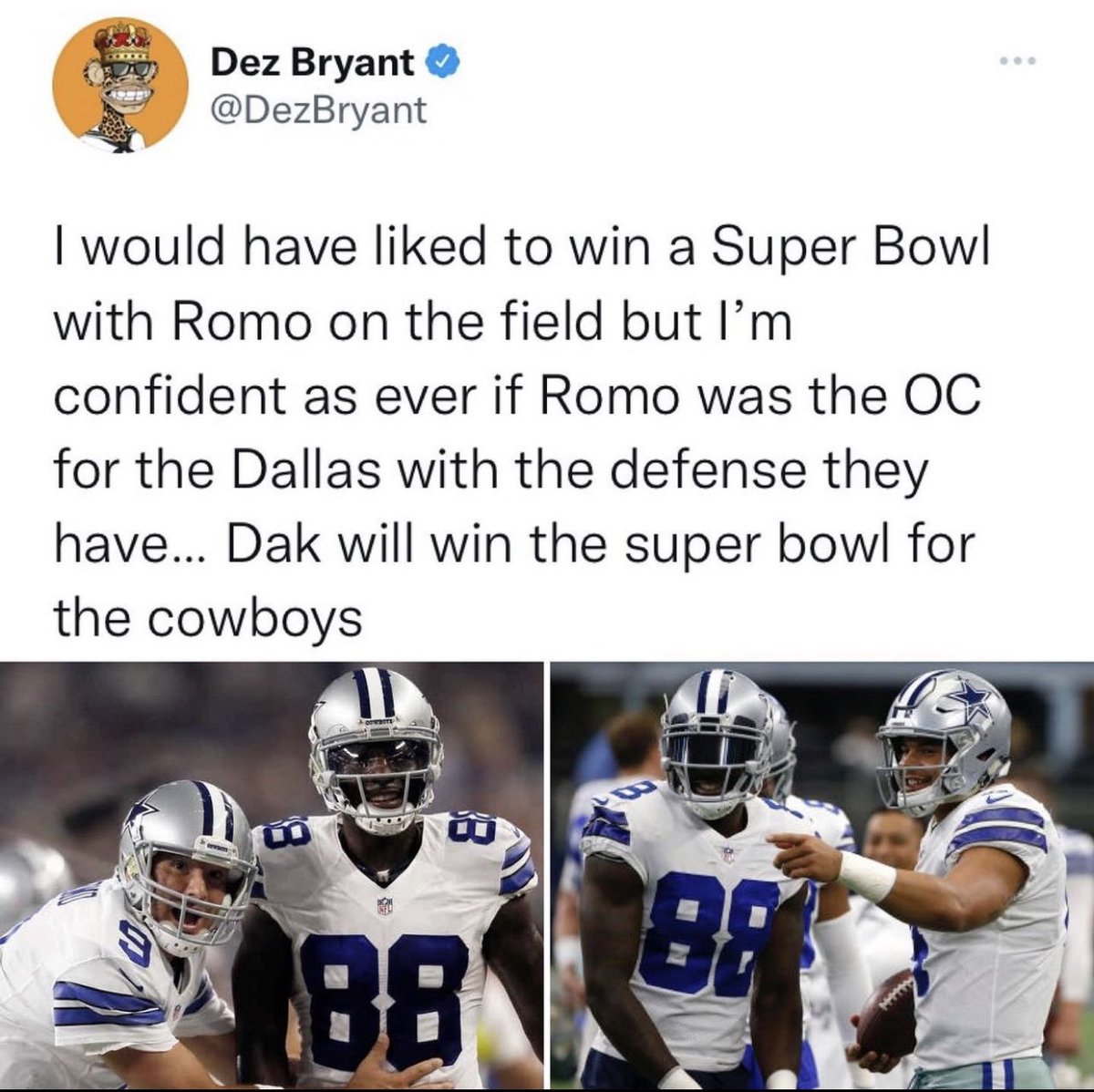 DezBryant's tweet photo. I’m going to sit this right here @86Prescott you trippin…don’t let these folks have you reading what I said in a negative way… I believe Romo can help your brotha.. I played with both guys…your Brotha got a opportunity to do what Romo or myself couldn’t do… I stand on it https://t.co/HmK5TiXryk