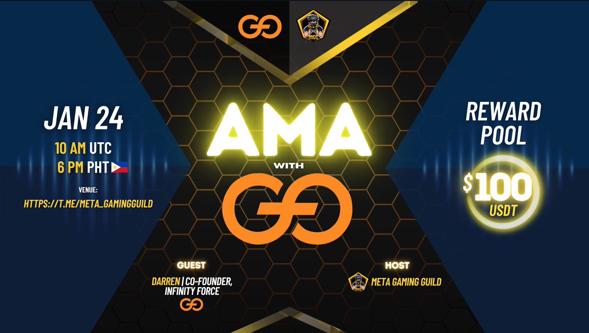 MetaGamingGuild's tweet photo. 📢 AMA: MetaGaming Guild X @InfinityForce_ 🗣

✨MGG is hosting an AMA with Infinity Force. JOIN US! Raise your questions in the live AMA &amp; be one of our 5 lucky winners💰

🔸Date: 01.24.2022 | 10AM UTC | 6PM PHT🇵🇭
🔸AMA Venue: https://t.co/fXiX4mhWV3…
🔸Reward Pool: $100 USDT https://t.co/drvzCAODnc