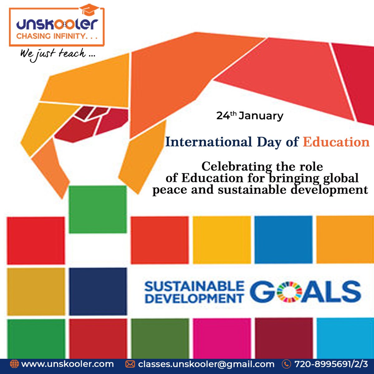 Unskooler_'s tweet photo. International Day Of Education 

Celebrating the role of education for bringing global peace and sustainable development 

#InternationalDayOfEducation #Education #crashcourse #cbseexam #AITS #education #Exambooster #liveclasses #Elearningonline #onlinelearningapp https://t.co/KyAAbq8XKf