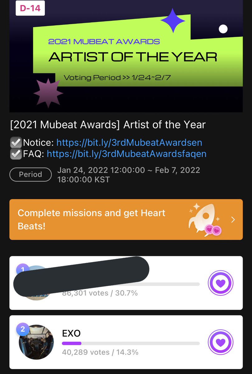 EXOPublicity's tweet photo. Good morning EXO and EXOLs! ❤️ Are you ready to get the AOTY award for EXO @weareoneEXO ?? Install MUBEAT app now, collect beats and vote. Voting will end on Feb. 7,2022. We are on the 2nd place now. Use all your SNS acct to register. 🔥 https://t.co/44MIP1oeY2