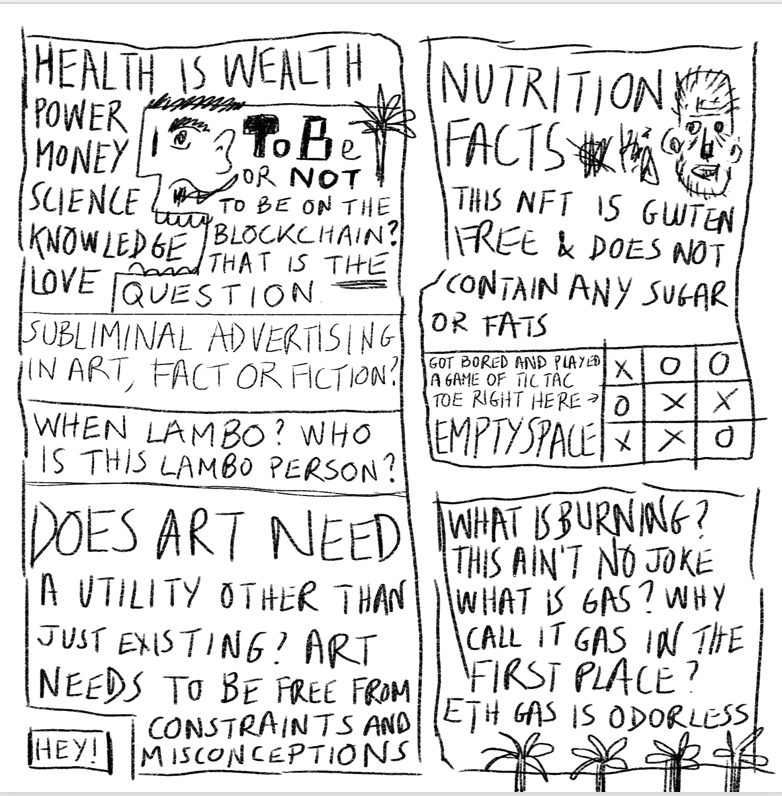 WebzeeNFT's tweet photo. 🎨 WEBZEE's "Gluten free" epigram
includes a few small drawings of faces, palm trees, and crosses and circles in a Tic-tac-toe game configuration which ends in a stalemate. 
👉 https://t.co/rIX9RV4XHO

Find out more in post 👇

#NFTs https://t.co/lwxcfGBQdf