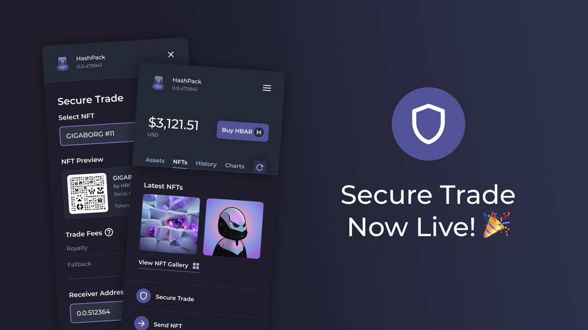 Secure Trade is now LIVE! 🎉

After much anticipation we’re excited to announce the launch of our Secure Trade and Multi-Trace feature on HashPack. Send up to 8 NFTs in a single transaction!

#Hedera #Hashgraph $HBAR #HBARbarians #HashPack #BuiltOnHedera #NFT #HBARNFT

(1/5)