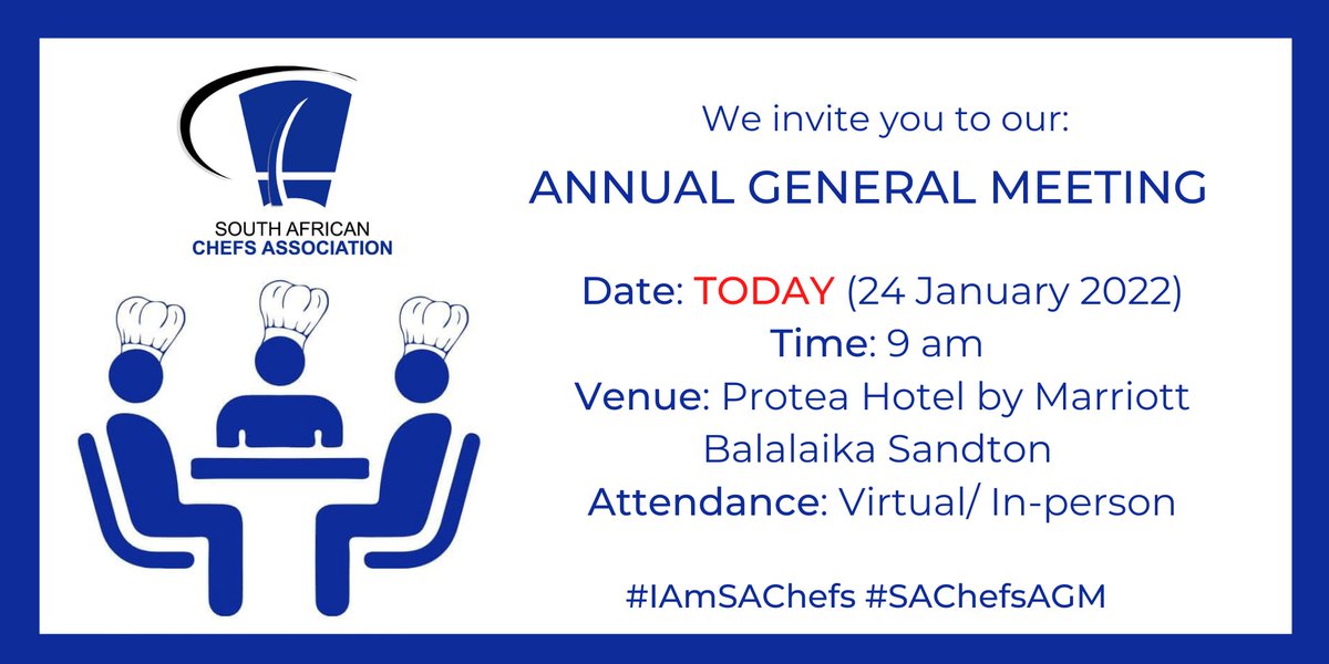 SAChefMedia's tweet photo. The @sa_chefs  is holding its Annual General Meeting today from 9am.  Follow the proceedings here: https://t.co/VxYHpqaU4K
#IAMSAChefs #SAChefsAGM https://t.co/ra0YmKUB3c