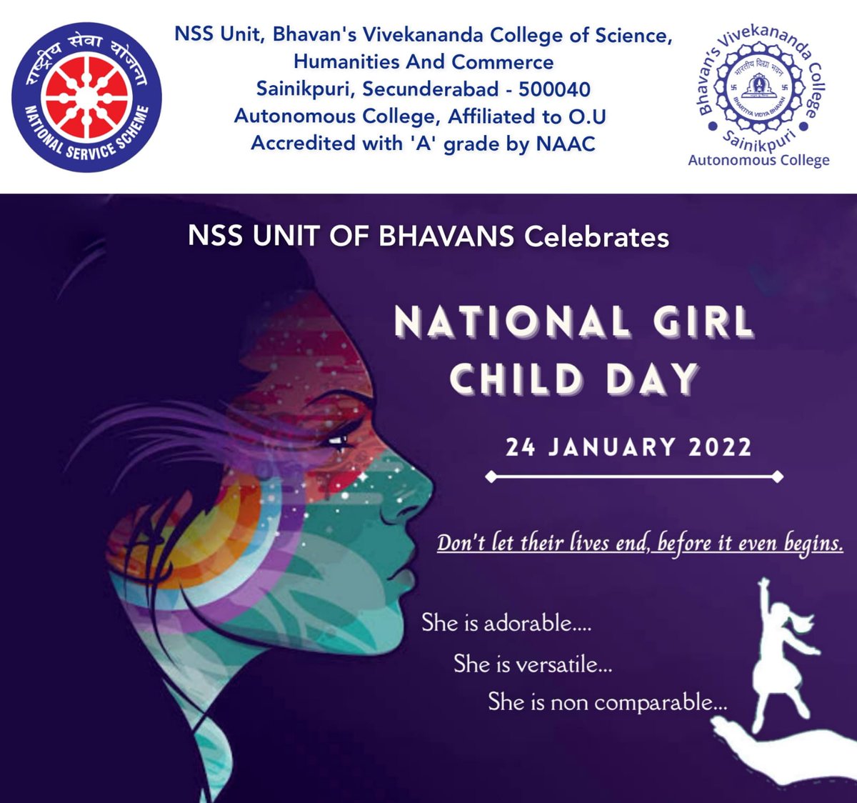 VinayVallala7's tweet photo. We must ensure respect, equal participation, equal opportunity to every women and build a society where every girl child is respected.  
#NationalGirlChildDay #girlchild #girl #NssBhavans
#NationalGirlChildDay2022 https://t.co/Z2f1pEPkyp