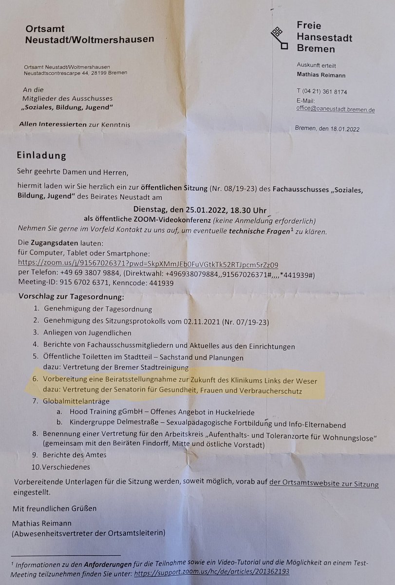 Zukunft des Klinikum Links der Weser Thema im Beirat Neustadt. Ich bin eingeladen und dabei. Ihr könnt über den Zoom Fragen stellen und Stellungnahmen abgeben. Gemeinsam Arbeitsplätze und den Standort in Obervieland, auf der linken Weserseite erhalten. Unterstützt solidarisch!