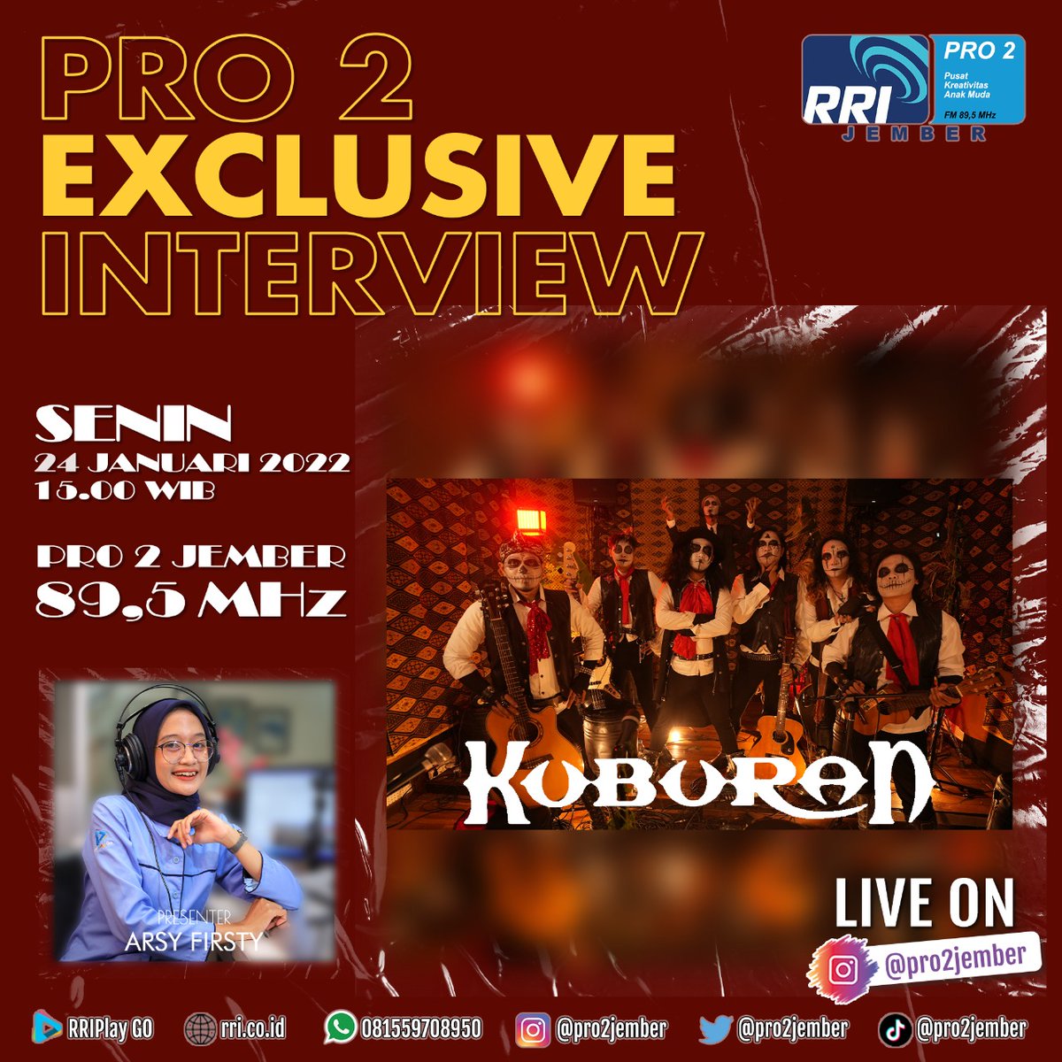 akan ada <a href="/bandKUBURAN/">KUBURAN Band Official</a> yang bakal temani kamu di pro 2 exclusive interview nih sahabat kreatif! 😎

yuk stay tune di pukul 15.00, jangan kemana-mana 😁