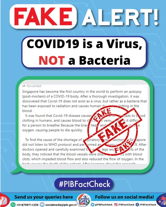 A stamp with the word fake on a message claiming that COVID-19 is a bacteria that can be cured with aspirin.