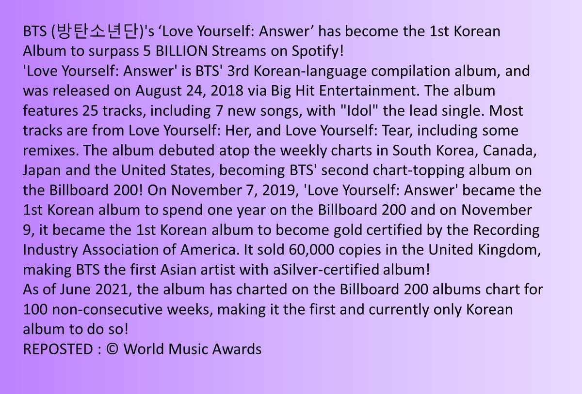 Bangtan89650062's tweet photo. BTS' ‘Love Yourself: Answer’ is now the 1st Korean Album to surpass 5 BILLION Streams on Spotify!💪🥇🇰🇷💿💥5️⃣🅱️🎧🔥👑👑👑👑👑👑👑💜
#ABSE https://t.co/bdm4EAZ3Vp