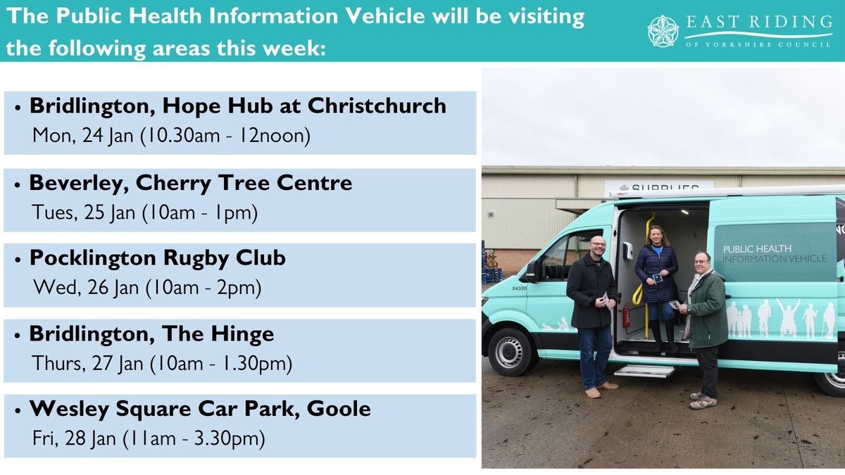 East_Riding's tweet photo. Our new Health Inclusion Vehicle is back on the road this week and we would love to see you! Come and have chat about a range of health topics, plus collect free rapid asymptomatic Lateral Flow Test (LFT) kits - one pack per household.

#TogetherEastRiding #BeaLocalHero #COVID19 https://t.co/WKDwHiiN87