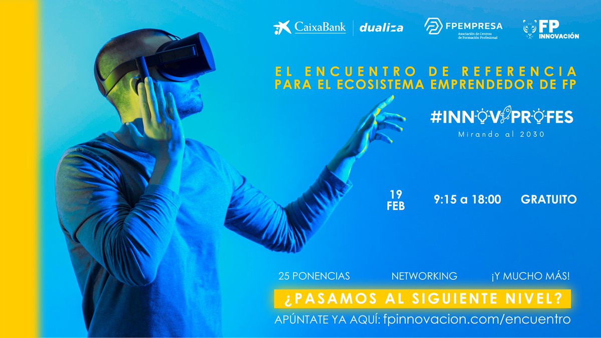 🔵<a href="/CABK_Dualiza/">CaixaBank Dualiza</a> y <a href="/fp_empresa/">FPEmpresa</a> organizan junto a <a href="/FPinnovacion/">FPiE+ Emprendimiento Aumentado</a> el encuentro virtual #Innovaprofes.

Un espacio que contará con microcharlas, talleres y conferencias a lo largo de la mañana del sábado 19 de febrero.

¿Te lo vas a perder? Te lo contamos ➡️ fpempresa.net/noticias/la-fp…