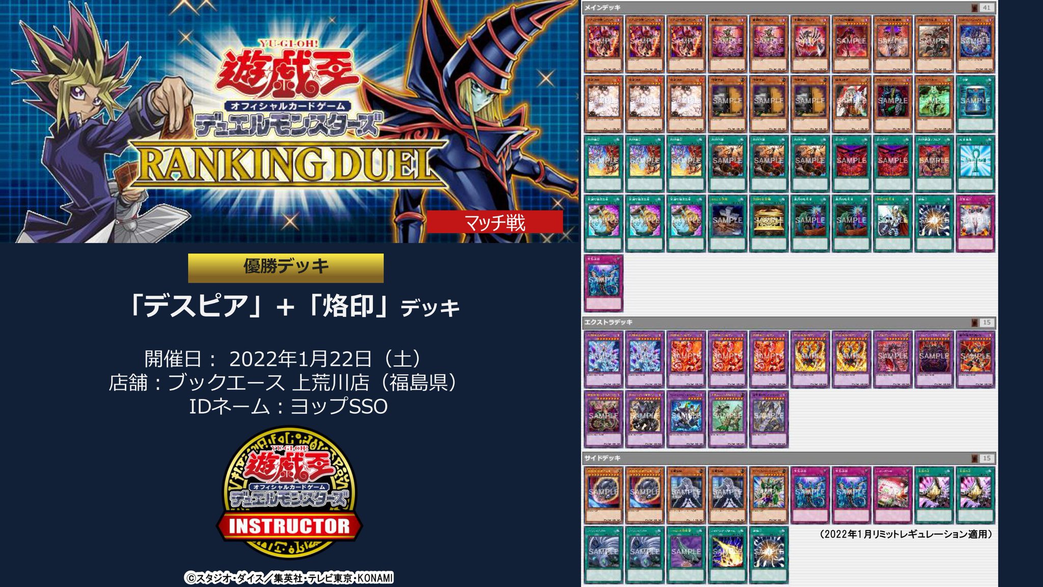 公式 遊戯王カードゲームインストラクター インストラクターocgデッキ 紹介 ランキングデュエルの優勝デッキをご紹介 ブックエース 上荒川店で優勝 した デスピア 烙印 デッキです 通常召喚は デビル フランケン デッキレシピの詳細