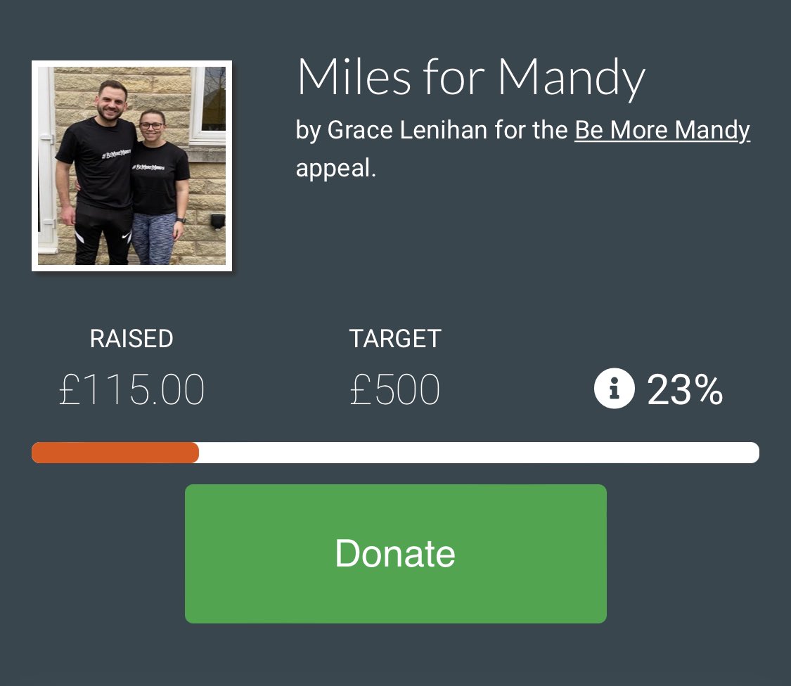 GraceLenihan's tweet photo. Thank you so much to everyone who has donated already, it really means a lot. 👏🏻
Find out more about our #MilesForMandy challenge here: https://t.co/5wx2iGN1oo
@JBriggs9591
#BeMoreMandy https://t.co/MhxLFezTvc