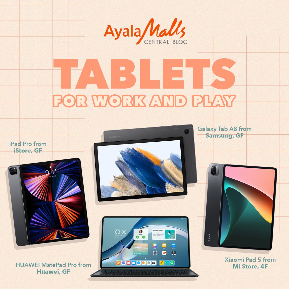 Put your daily schedule, music and movie playlist, games and hobbies in one TAB! 

Get the latest tablets for work, play or learning at Ayala Malls Central Bloc! 

Here’s our virtual directory for list of stores and contact numbers:
ayalamallscentralbloc.com/directory/