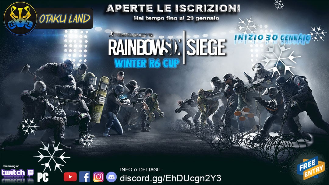 Prima Edizione della Winter R6 Cup!

Sarà un torneo forfun gratuito su r6.
Le iscrizioni sono aperte sino a Sabato 29 gennaio!
Potranno partecipare 16 squadre a fase eliminatoria. Per iscriversi compilate il modulo e spiegazione nel server discord.

Regole ESL.
#r6siege #pcgaming