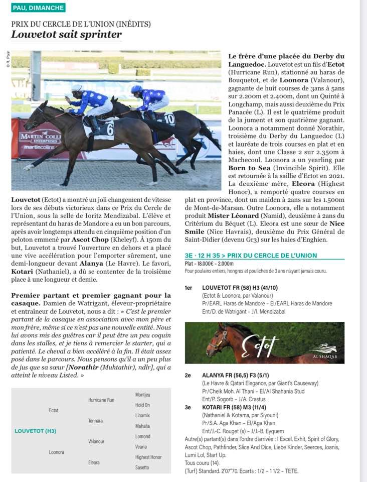 1ère course et 🐴🐴🐴belle victoire pour LOUVETOT, à Pau
dimanche 23 janvier 2022