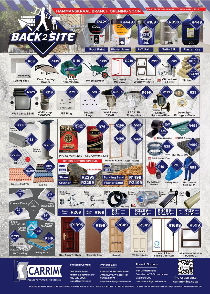 kcarrimgroup's tweet photo. Our Back2Site Sale has begun! 🔨🧱
❗ Valid from the 21st of January 2022 until the 14th of March 2022 ❗
Purchase online: https://t.co/EYwv1i5r4V
Until stock lasts! E&OE (T's & C's Apply)
Call - 012 323 3925
WhatsApp - 072 858 5858
#kcarrim #home #backtosite #backtositesale https://t.co/ryWDR6Dhb2