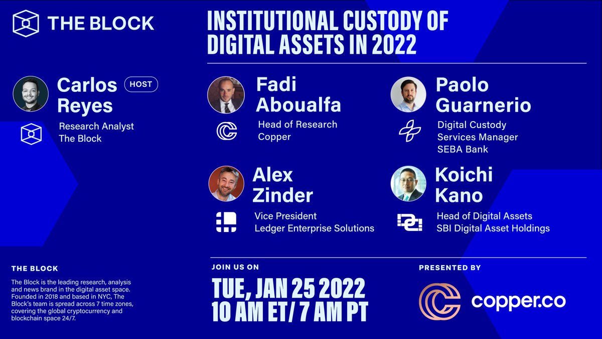We are excited to participate in <a href="/TheBlock__/">The Block</a> 's next webinar covering the Institutional Custody of Digital Assets.

Our Head of Digital Assets Koichi Kano will be part of the panel discussion.

Register here: bit.ly/3AFjbq1

#webinar #crypto #DigitalAssets
