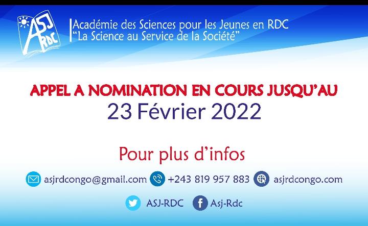 AsjRdc's tweet photo. Vu l'intérêt que beaucoup de jeunes scientifiques congolais ont porté sur cet appel à nomination et pour accorder la chance à ceux qui n'ont pas eu l'information, l'@AsjRdc vient de prolonger la date limite de dépôt des candidatures jusqu'au 23.02.2022. Veuillez partager l'info! https://t.co/ZkAUXU2Tt2