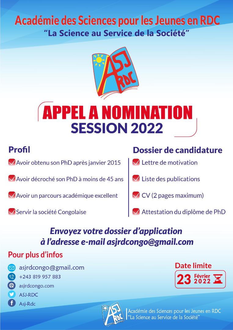 AsjRdc's tweet photo. Vu l'intérêt que beaucoup de jeunes scientifiques congolais ont porté sur cet appel à nomination et pour accorder la chance à ceux qui n'ont pas eu l'information, l'@AsjRdc vient de prolonger la date limite de dépôt des candidatures jusqu'au 23.02.2022. Veuillez partager l'info! https://t.co/ZkAUXU2Tt2