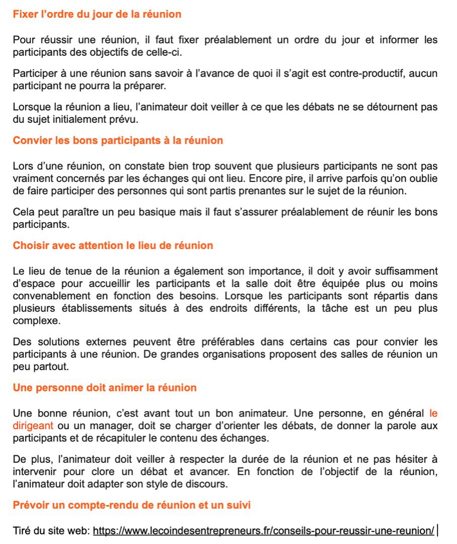 AHFConsulting's tweet photo. Conseils pour réussir sa réunion par le site le coin des entrepreneurs. 

Avez-vous d’autres astuces, suggestions à rajouter ? Partagez les avec nous en commentaire. #Formation https://t.co/p8nnq4ahk3