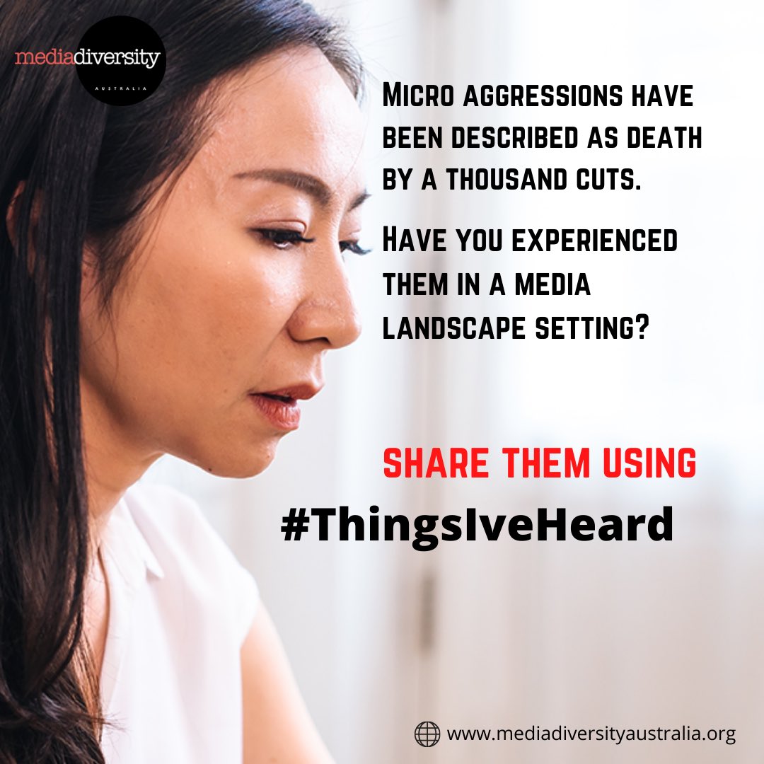 MediaDiverseAU's tweet photo. Have you ever experienced micro aggressions or distasteful remarks in a media landscape setting?
Share your stories with us! Use the hashtag #ThingsIveHeard and tag @MediaDiverseAU
Reminder: MDA will not tolerate any kind of harassment or targeted/ defamatory comments. https://t.co/uunKffizxz