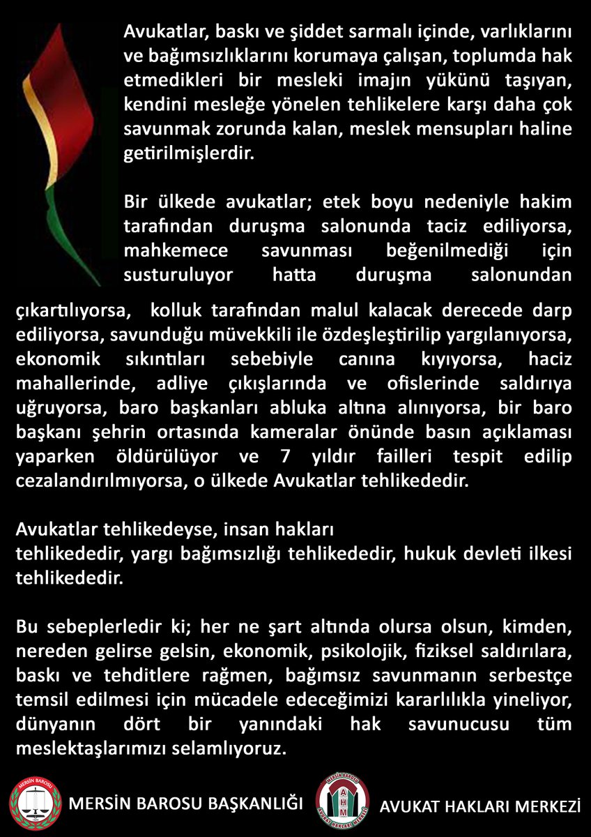AVUKATLAR TEHLİKEDEYSE, VATANDAŞ TEHLİKEDEDİR.
#TehlikedekiAvukatlarGünü