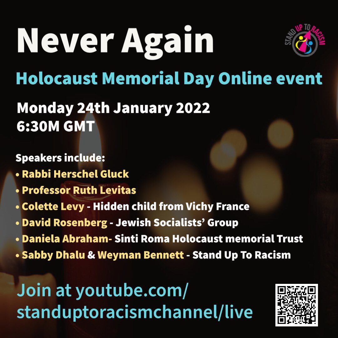 AntiRacismDay's tweet photo. 📣 Tonight 

#NeverAgain 

#HolocaustMemorialDay  online event Monday 24 Jan - 6.30pm

Join on YouTube 👉🏿 https://t.co/5kSOY8nim4 https://t.co/NH7Yfpu0Qd