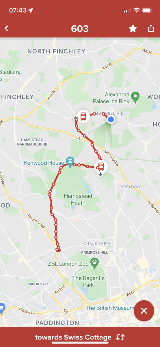 jameselson's tweet photo. ⁦@Sullivanbuses⁩ looks like the 603 left Muswell Hill really early today. The map shows both buses en route. There are going to be a lot of school kids wondering where their bus is this morning. Please wait until the scheduled departure time, it’s a lot less stressful! https://t.co/e7GDs9NAGW