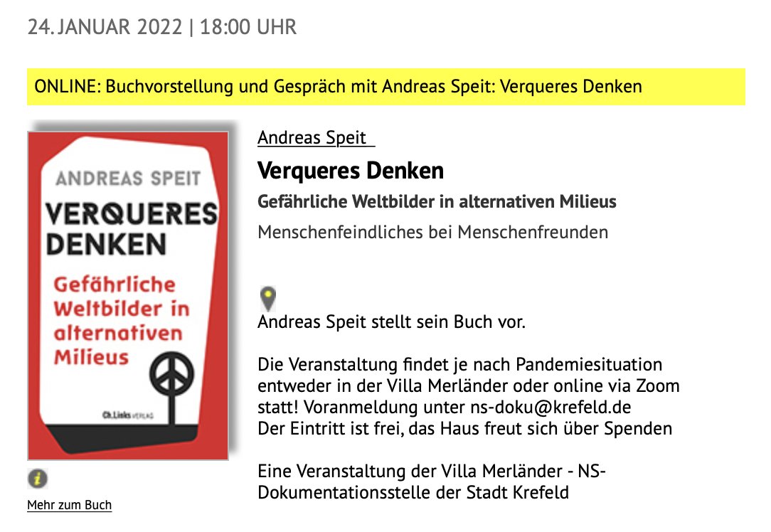 Heute Abend darf ich bei der #NS-Dokumentationsstelle der Stadt Krefeld online über #Querdenken, #Alternative und #Rechtsextreme referieren und mit dem Publikum diskutieren. Bin gespannt.