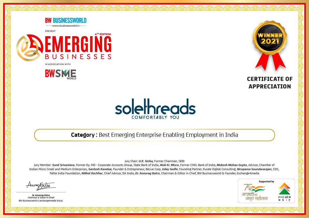 SolethreadsIN's tweet photo. #Solethreads is an emerging business and we strive to ensure that we do things differently. Thank you @BWBusinessworld | #BWEmergingBusinesses for recognizing us as the Best Emerging Enterprise Enabling Employment in India.

#Employment #GenderEquality #EmergingBrands #startups https://t.co/IqjbZEpeBu