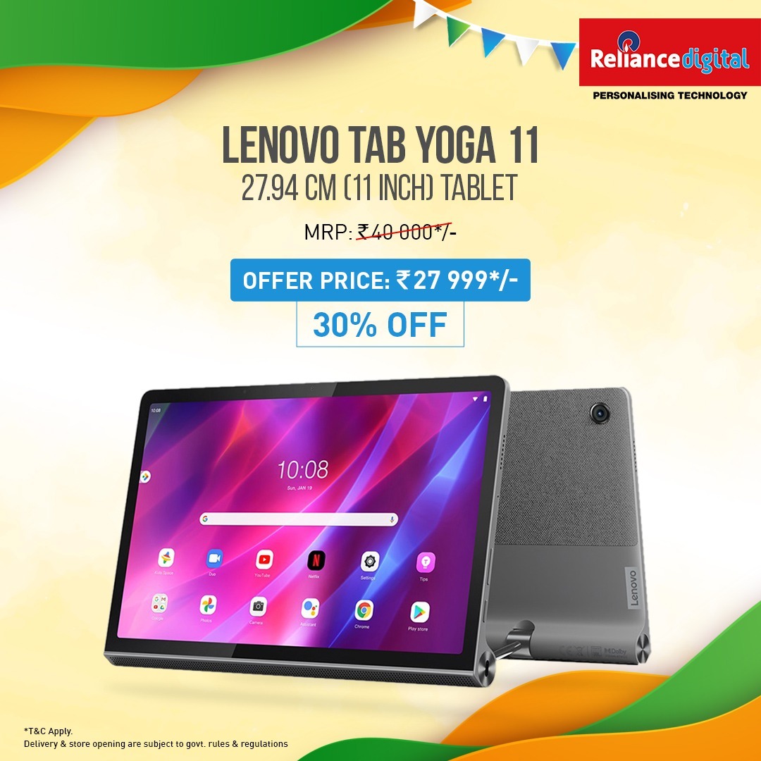 RelianceDigital's tweet image. Get the Lenovo Tab Yoga 11 at the #DigitalIndiaSale! Shop on reliancedigital.in &amp;amp; enjoy a 6% instant discount on HDFC Bank &amp;amp; ICICI Bank cards. Enjoy a 10% instant discount on Citi Bank cards or a 10% cashback on Standard Chartered cards. T&amp;amp;C Apply. #Deals4India