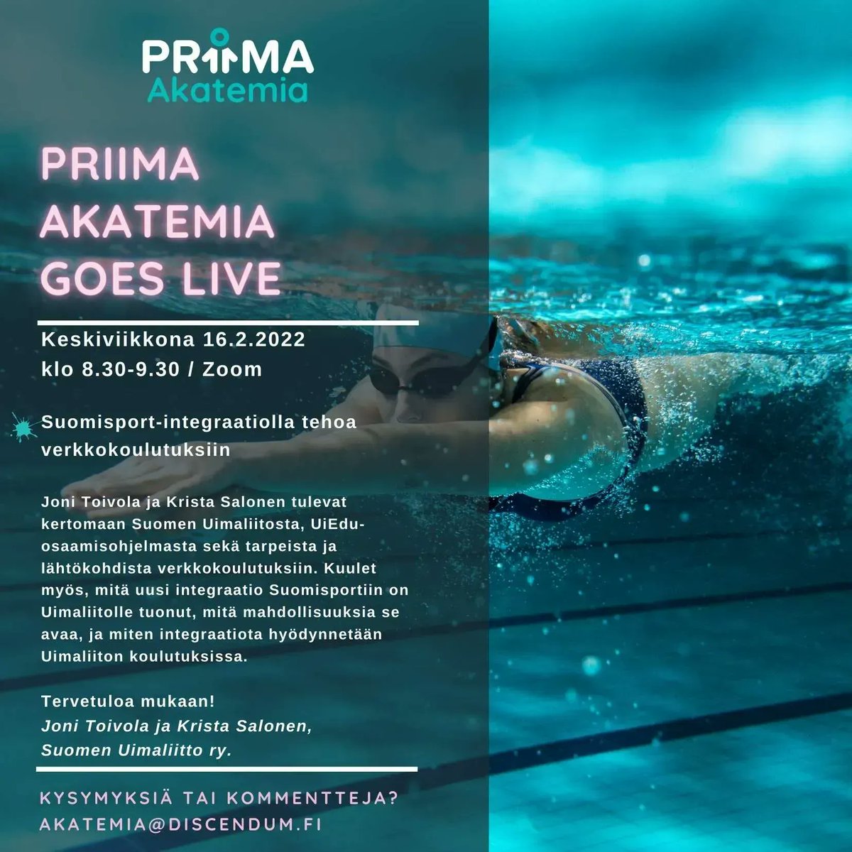 saarnilearning's tweet photo. Priima Akatemia Live -webinaarissa 16.2.2022 @uimaliitto kertoo UiEdu-osaamisohjelmasta sekä @SuomiSport-integraatiosta verkkokoulutusten näkökulmasta. Tervetuloa mukaan! Lisätiedot ja ilmoittautuminen: https://t.co/QVSoD4vMW0 #priimakatemia #priimalms #oppimisymparisto https://t.co/J9pWnZ5EHq