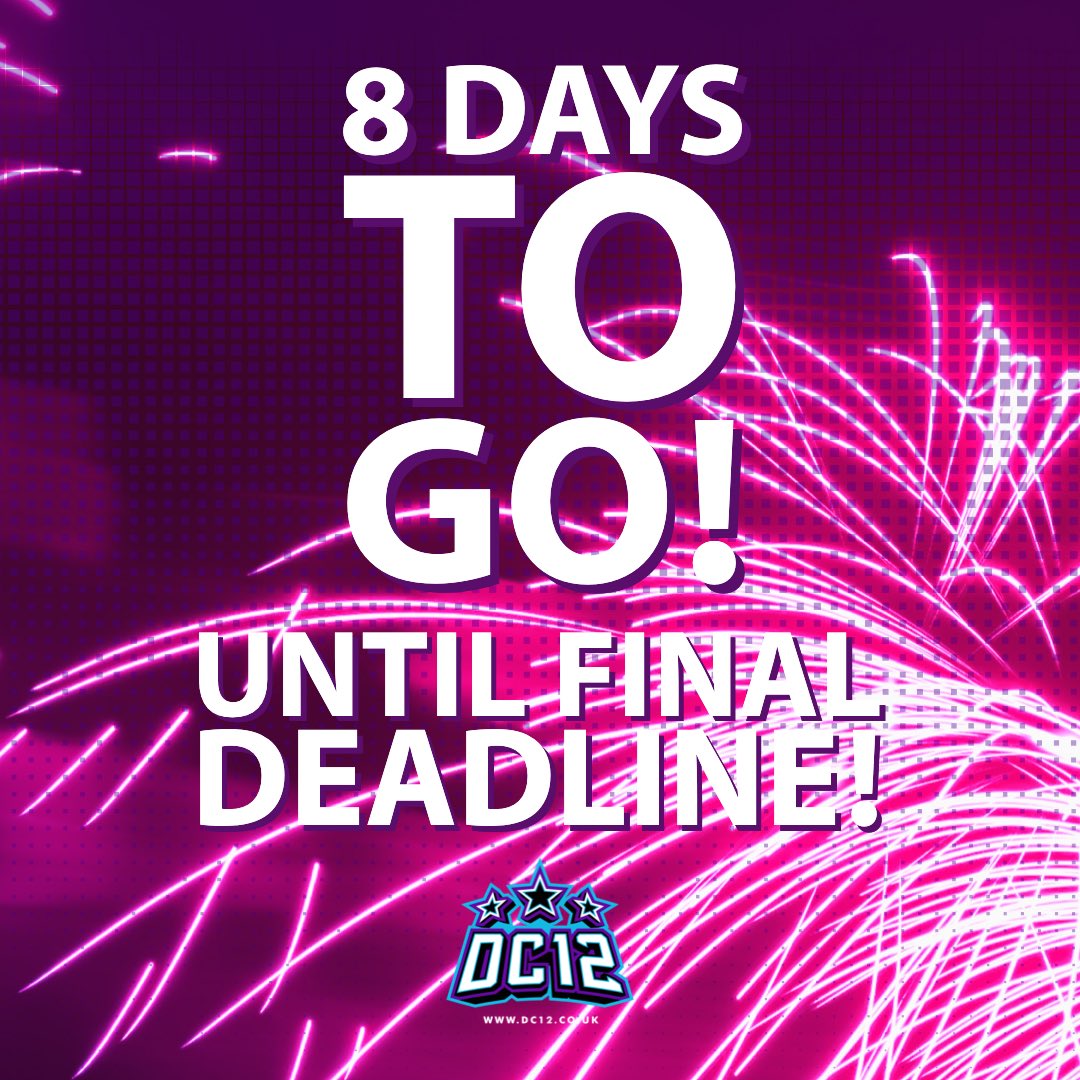 Dc12Uk's tweet photo. With just 8 DAYS to go until our final deadline for entry for our 2022 championship event at @iccwales 

Ticket prices will increase with our final deadline as mentioned in our coaches pack. 

Get your tickets now: https://t.co/JjbilhUXz8 🏆📅 https://t.co/OONVybs0BA