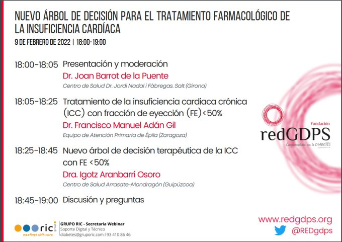 📢📢WEBINAR 📅0⃣9⃣ Febrero ⏰18:00 a 19:00

NUEVO ÁRBOL DE DECISIÓN PARA EL TRATAMIENTO
FARMACOLÓGICO DE LA #InsuficienciaCardíaca

¡¡NO TE LO PUEDES PERDER!!
Inscripción gratuita en: 
redgdps.org/actividades/in…