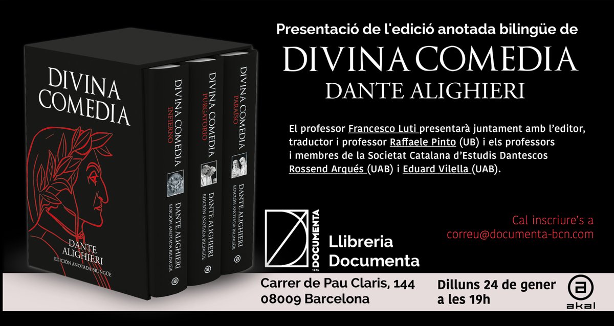 DocumentaBCN's tweet photo. Setmana amb presentacions de «Divina Comedia. Obra completa» de #DanteAlighieri, publica #EdicionesAkal. «Anti-folk» d'@anarco_funk, publica @lagaruapoesia. «La caiguda» de Felip Palma, publica @Ed_Tripode. «Faci'm oblidar el bosc» de Sònia Moll, publica @GodallEdicions https://t.co/uKh06RzzNP