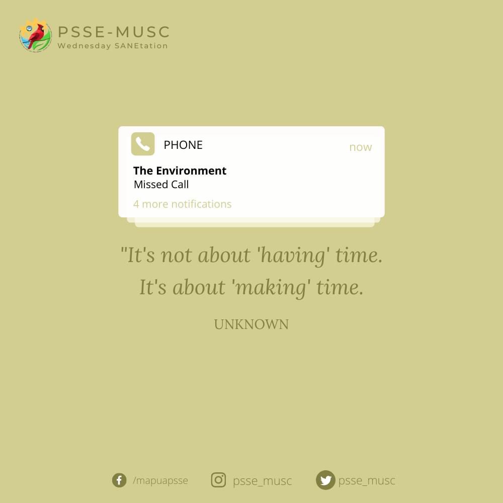 PSSE_MUSC's tweet photo. #SANEtationMonday
There is a difference between ‘making’ and ‘having’ time. It's all too easy to get distracted by the days and weeks, but don’t let life pass you by.
#10thWeek
#PSSE_MUSC_GreenMinded
REFERENCE: https://t.co/gI5Rj4IG2v https://t.co/Qk6hdiRGOV