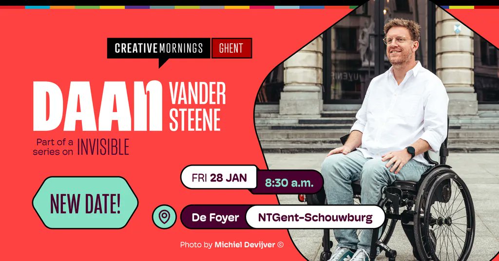 🎉 REGISTRATION IS OPEN! 🎉 
Get your ticket to get inspired by Daan Vander Steene this Friday the 28th on the topic of #CMinvisible at De Foyer, <a href="/NTGent/">NTGent</a>
🎟 👉  creativemornings.com/talks/daan-van…

#creativemornings #cmgnt #talk #coffee #inspiration #ghent #gent