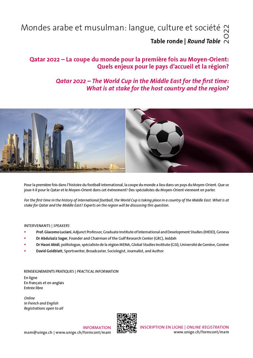 Leading House for the Middle East and North Africa (@lh_mena) on Twitter photo Ce jeudi 27 janvier, table ronde en ligne sur les enjeux de la Coupe du Monde au Qatar organisée dans le cadre des formations "Mondes arabe et musulman" de <a href="/UNIGEnews/">Université de Genève</a>. Inscriptions: tinyurl.com/32kde544 Ce jeudi 27 janvier, table ronde en ligne sur les enjeux de la Coupe du Monde au Qatar organisée dans le cadre des formations "Mondes arabe et musulman" de <a href="/UNIGEnews/">Université de Genève</a>. Inscriptions: tinyurl.com/32kde544