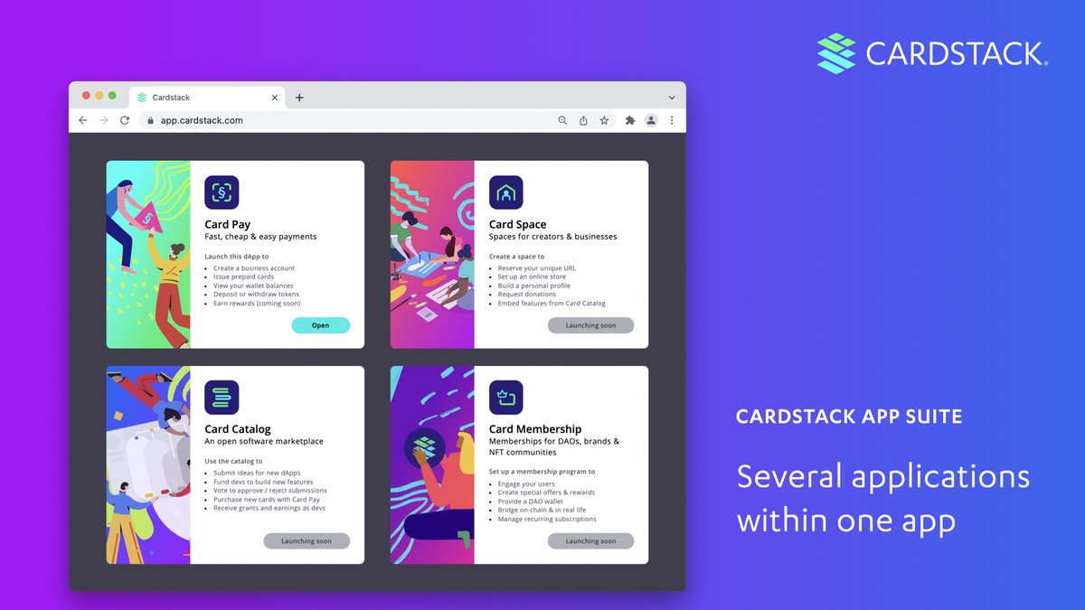 cardstack's tweet photo. One of the biggest ideas we're working on is the Cardstack app suite.
We're consolidating separate applications like #CardPay, #CardSpace, #CardCatalog & #CardMembership into one seamless app!
@christse talks about it here: https://t.co/0b2gCmZaaF
$CARD #decentralized #DeFi https://t.co/zzzJlvF0ZI