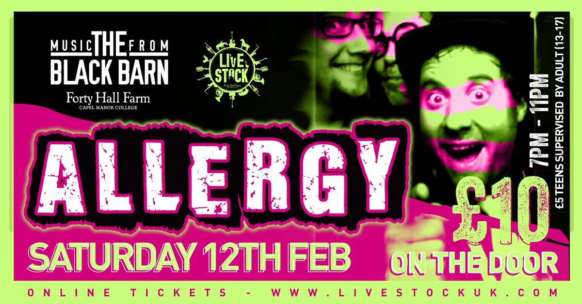 Livestock are excited to bring Allergy, one of our most requested bands, to The Black Barn. Allergy are an alternative power trio of the highest order who have such a huge repertoire they have even been known to take audience requests. #LivestockMusic buytickets.at/livestockmusic…