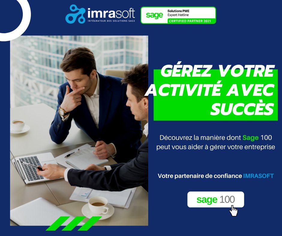imrasoft's tweet photo. 🧐 Vous êtes une #entreprise de négoce, de service ou bien d'industrie ? 

✅ #Sage100 vous accompagne pour rationaliser et automatiser la gestion interne et externe de votre entreprise. Découvrez SAGE 100 ➡️ https://t.co/XS9qgAnbM8

#Maroc #business #Digital https://t.co/eJLS4ZkdUY