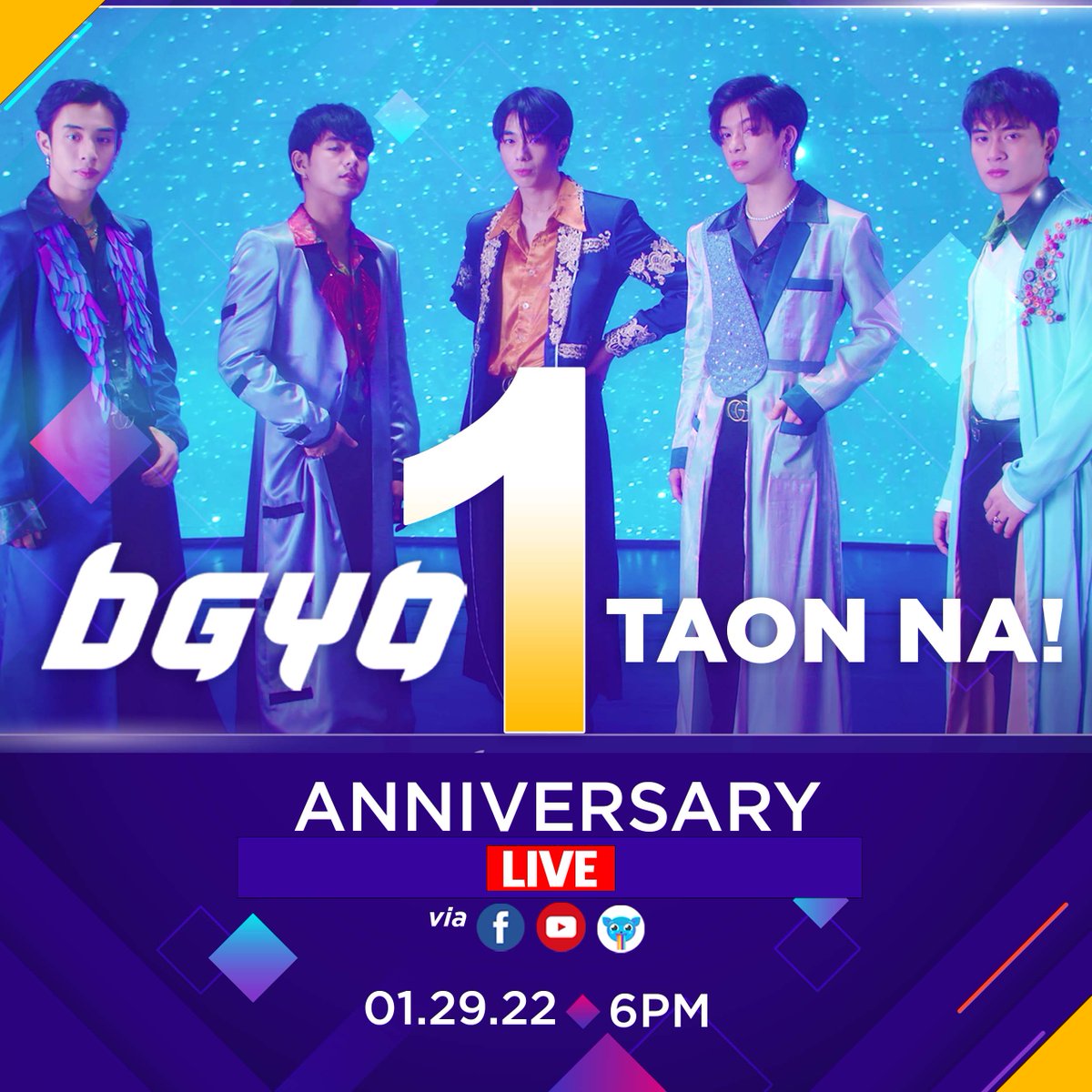 #BGYO | #BGYOisangTaonNa

BGYO turns ONE this Jan 29, 2022, ACEs! Join them in #BGYO1nnivesaryLive, as they look back on the exciting year that was.

Save the date! Jan 29 | 6PM via BGYO Facebook, Kumu, and YouTube channel!