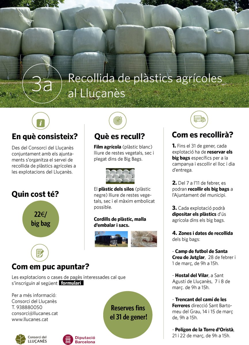 📢 Recorda! Fins el 31 de gener es poden reservar els big bags per la campanya de recollida de plàstics agrícoles al #Lluçanès.

🔘Formulari de reserves: docs.google.com/forms/d/e/1FAI…
+ info: llucanes.cat/comenca-la-cam…