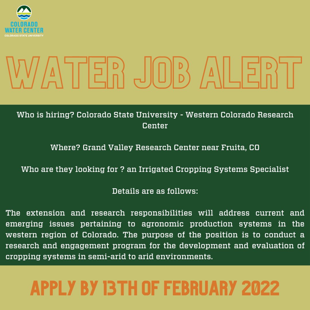 WCRC-Grand Valley is looking for an Irrigated Cropping Systems Specialist! Find further details on our job board here jobs.colostate.edu/postings/97992 @UArizonaCALS