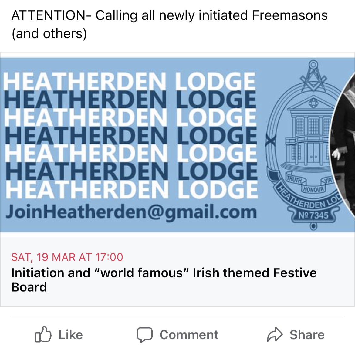 7345Heatherden's tweet photo. Calling all newly initiated @buckspgl masons (and more seasoned brethren).  Join us for our “world famous” Irish themed meeting and festive board where will be initiating a new brother into freemasonry #bucksmasons #bemybrother #Freemasonry https://t.co/AeVs7vSbCR